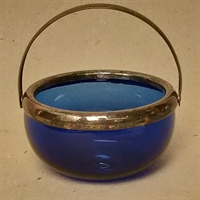 koboltblå glasskål sukkerskål forsølvet hank og kant gammel glasskål genbrug 